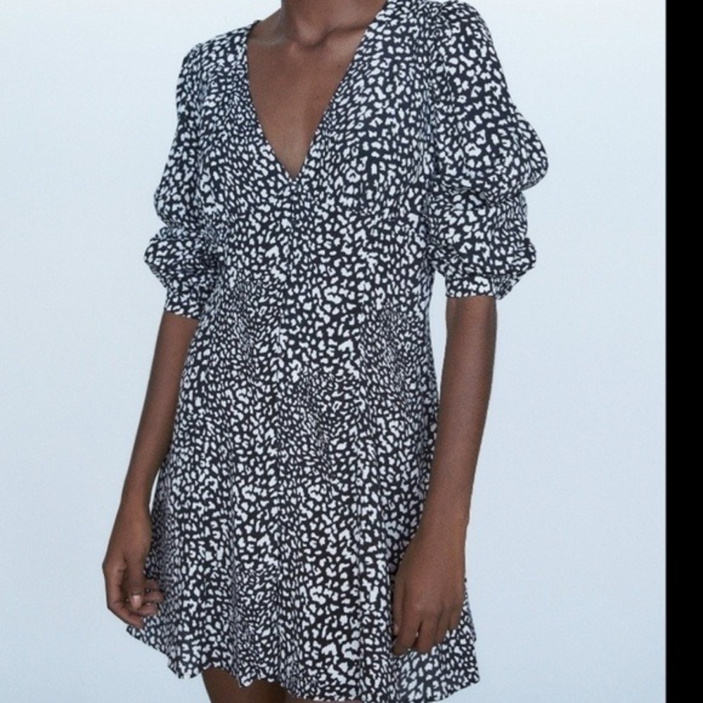 ZARA NWT Romantic Feminine Small Animal Print Long Sleeve Button Down Mini Dress - Picture 2 of 12